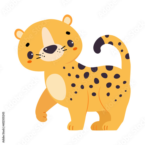 Cute Leopard or Jaguar Cub Walking Vector Illustration