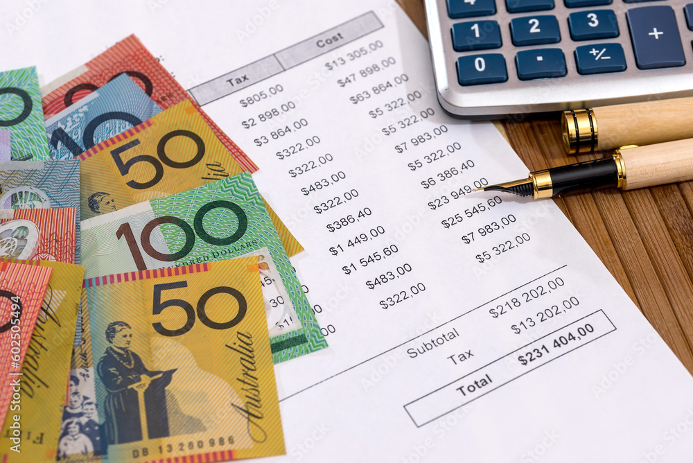 Australian dollars with purchase order and calculator Australian dollars with purchase order and calculator