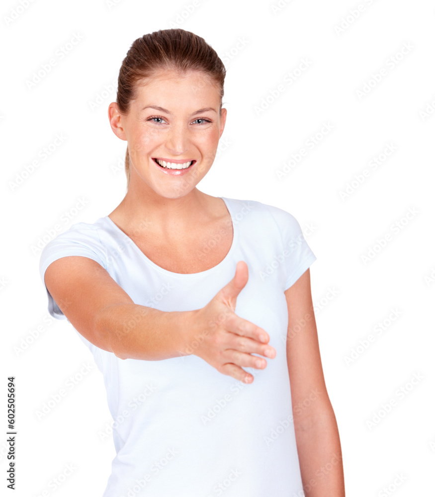 Handshake, offer and portrait of happy woman in white background, isolated studio and hello. Female model stretching for shaking hands, welcome and thank you for introduction, meeting and agreement