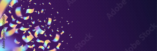 Realistic holographic confetti flying in air isolated on transparent background. Vector illustration of rainbow color glitter sparkling. Carnival decoration, surprise party effect, silver foil tinsel