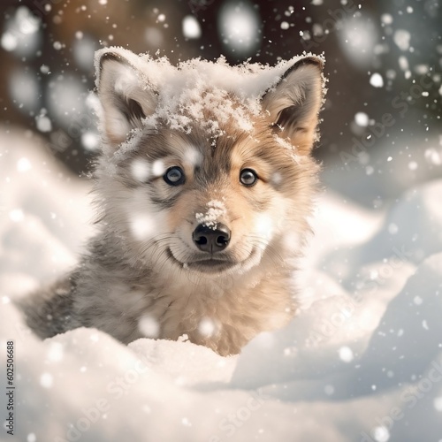 Cute Baby Wolf Puppy Playing in Winter Snow Portrait. Generative AI ©  Creative_studio
