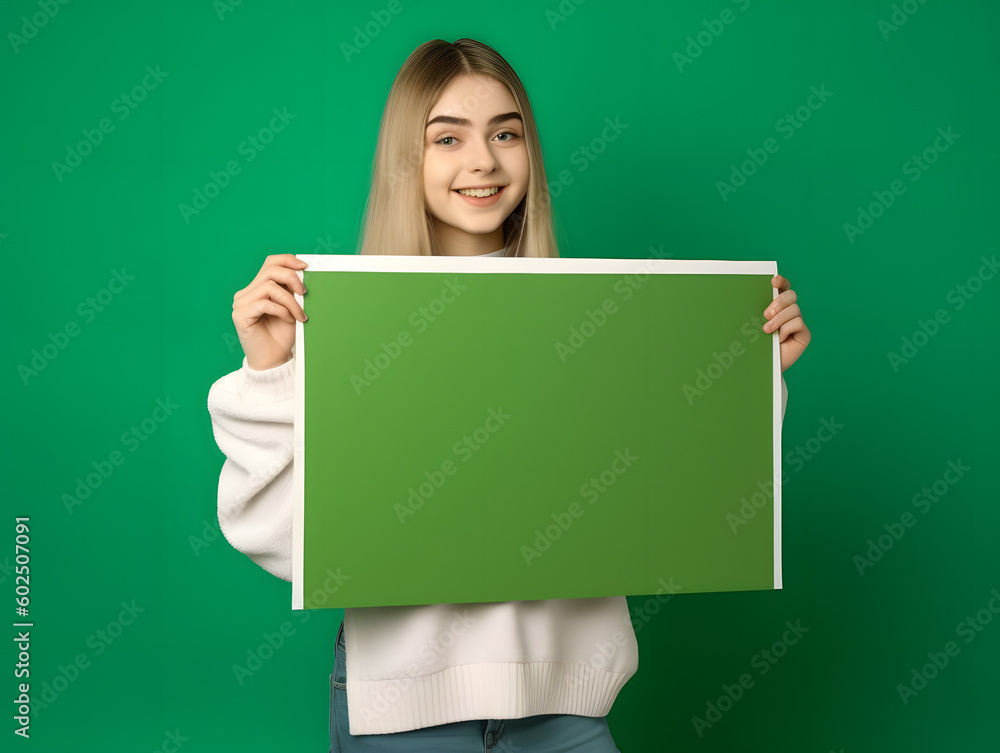 a fictional person, holding a blank board on isolated color background, generated with AI a fictional person, holding a blank board on isolated color background, generated with AI