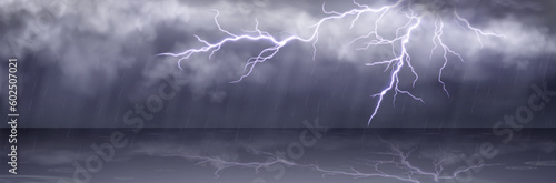 Rainy thunderstorm vector background lightning in sky. Dark cloudy storm weather and thunder in autumn. Electric flash nature energy and hurricane panoramic landscape for horror picture landscape
