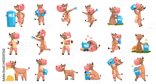 Funny Cow Farm Animal with Udder Enjoying Milk as Dairy Product Big Vector Set