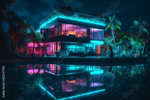 Flowing water villa with cyberpunk aesthetic. photo
