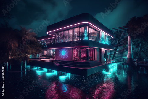 Flowing water villa with cyberpunk aesthetic. photo