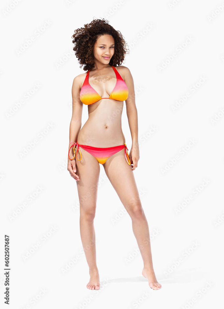 Portrait, black woman and bikini in studio for summer, vacation and fun while posing on white background space. Model, swimwear and girl from Jamaica standing confident, proud and cool isolated Portrait, black woman and bikini in studio for summer, vacation and fun while posing on white background space. Model, swimwear and girl from Jamaica standing confident, proud and cool isolated