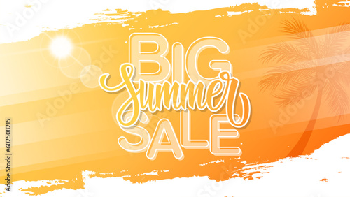 Big Summer Sale promotional banner. Summertime commercial background with hand lettering, summer sun and palm tree for business, seasonal shopping and sale advertising. Vector illustration.