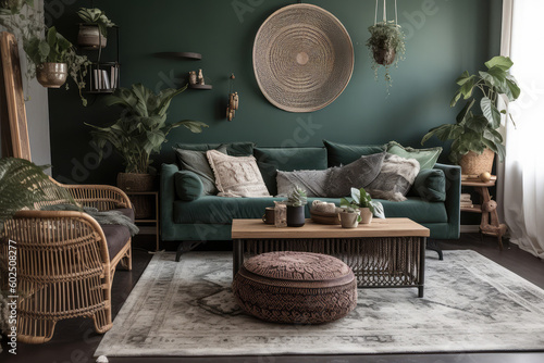 Chic boho living room with a velvet green sofa, woven rug, and plants in wicker baskets, generative AI