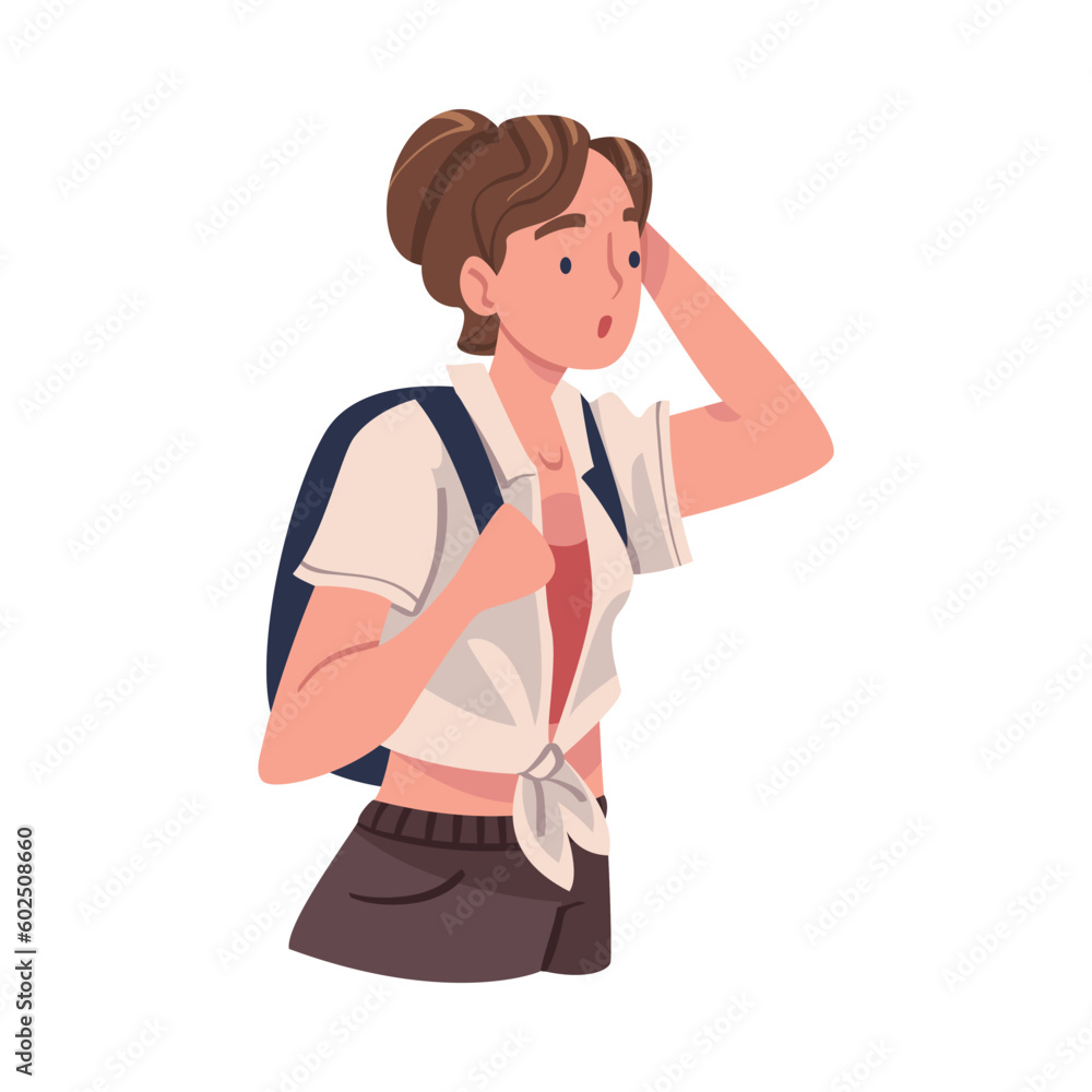 Young Woman Character Engaged in Local Tourism Wearing Backpack and Hiking Vector Illustration Young Woman Character Engaged in Local Tourism Wearing Backpack and Hiking Vector Illustration