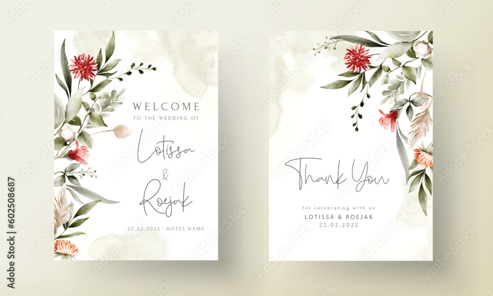 beautiful flower and leaves watercolor wedding invitation card with boho color