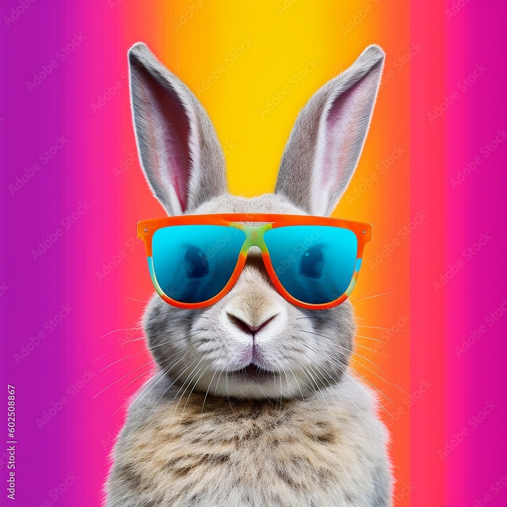 Cool Bunny with Sunglasses on Colorful Background. Generative AI