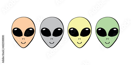 Vector multicolored alien heads with big eyes in doodle flat style. Simple color set illustrations, icons, clip arts on theme of UFO, space, kids design