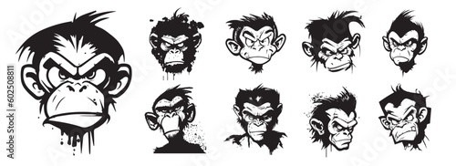 Moneky heads black and white vector. Silhouette svg shapes illustration.