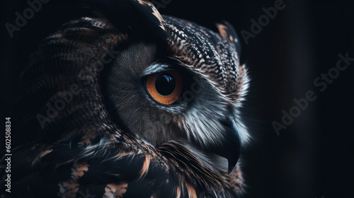 Dark colored owl close up. Generative AI. photo