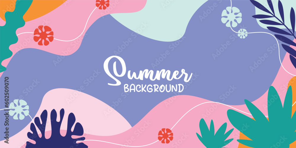 summer background of amazing shapes, wave patterns, leaves, flowers, herbs with free space for text. Template for banner, poster, social media, web.