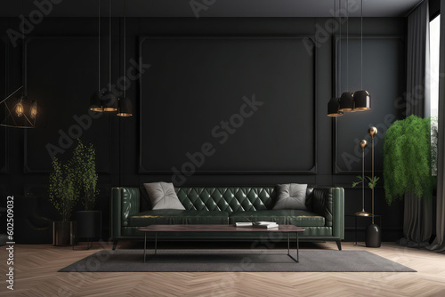 modern living room with leather sofa, black walls, generative AI