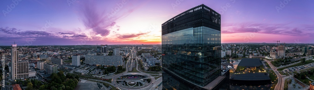 Obraz na płótnie Panoramic aerial drone photo of Katowice city center and office buildings towers with roundabout. Katowice, Silesia, Poland w salonie
