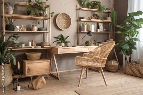 Stylish home office design includes a wooden desk, natural elements, an avocado plant, a bamboo shelf, plants, and rattan accents. neutral interior design, generative AI