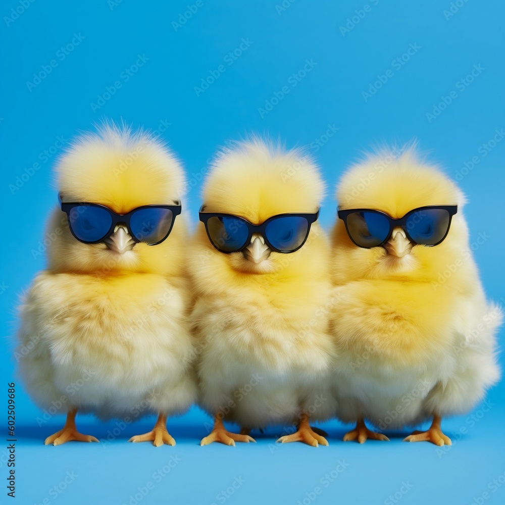 Three Yellow Chicks with Blue Sunglasses and a Bang. Generative AI