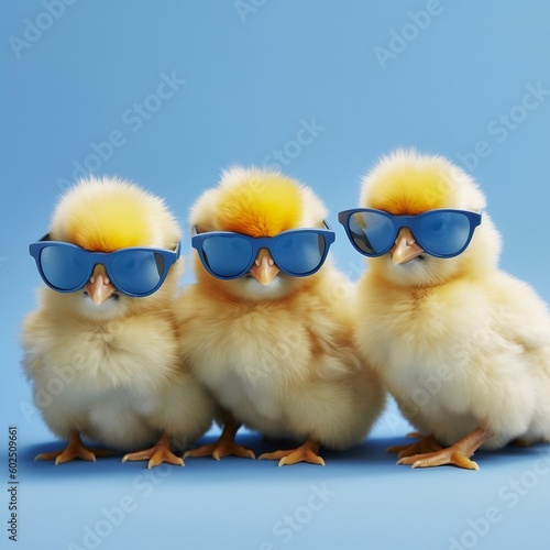 Three Yellow Chicks with Blue Sunglasses and a Bang. Generative AI