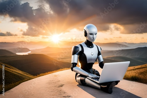 Humanoid robot working on laptop on top of the hill station