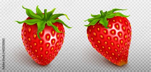 3d fly realistic isolated strawberry fruit icon set on transparent background. Red fresh berry element summer graphic. Seed and stem on whole delicious product clipart. Organic health collection