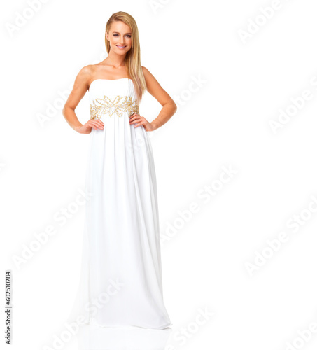 Fashion  beauty and portrait of woman in prom dress for party  celebration or formal in mockup. Couture  designer or luxury with girl in evening gown isolated on white background for elegant style