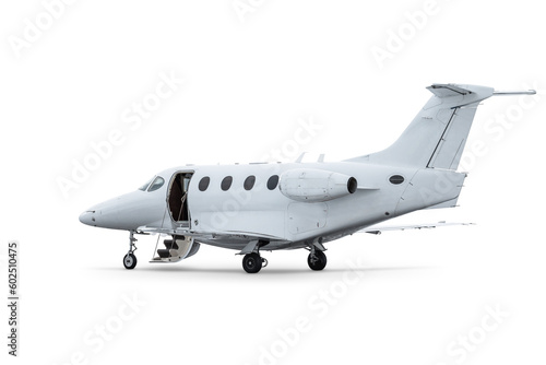 White modern executive airplane with an opened gangway door isolated on transparent background