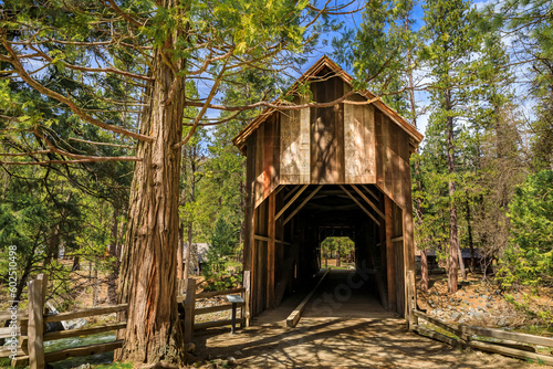 Old wooden Wawona Covered Bridge, Yosemite National Park, California photo