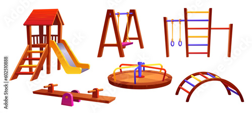 Cartoon playground equipment set isolated on white background. Vector illustration of wooden slide, swing, carousel and colorful ladder for childrens outdoor fun and recreation, active leisure