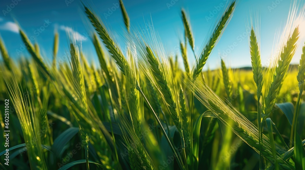 Lush green wheat field, brimming with vitality under a vibrant blue sky. Generative AI Lush green wheat field, brimming with vitality under a vibrant blue sky. Generative AI