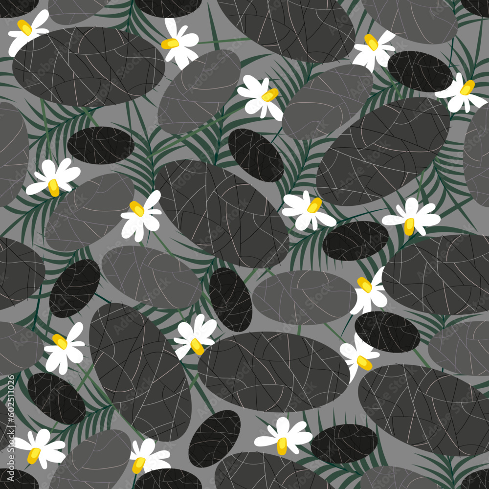Spa marble stones, palm leaves, chamomile flowers. Natural nature. Relaxing background. Fashionable, healing seamless vector pattern for design and decoration.