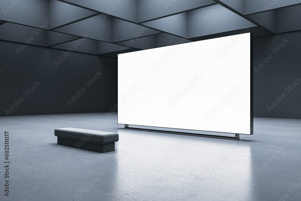 Perspective view on blank white large screen with place for your advertising text or logo brand in abstract industrial hall with grey wall background and bench on concrete floor. 3D rendering, mockup - obrazy, fototapety, plakaty 