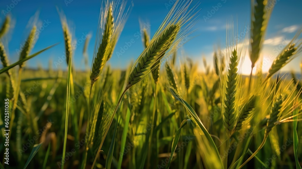 Lush green wheat field, brimming with vitality under a vibrant blue sky. Generative AI Lush green wheat field, brimming with vitality under a vibrant blue sky. Generative AI