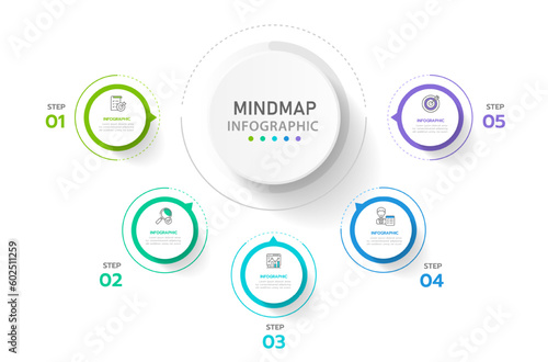 Infographic template for business. 5 Steps Modern Mindmap diagram with circle topics, presentation vector infographic.