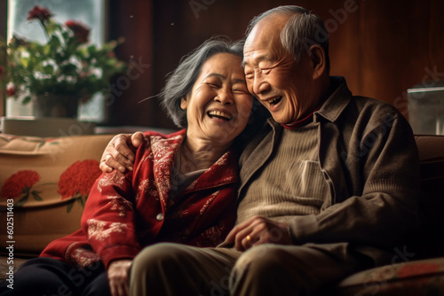 Senior Asian couples take care of each other together time in their living room, Generative AI