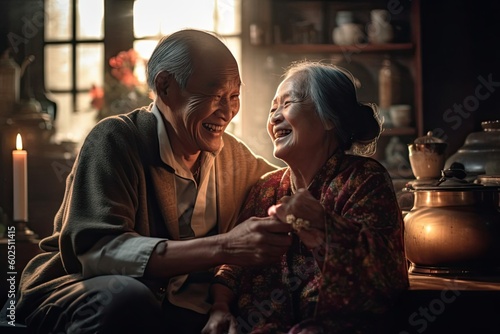 Senior Asian couples take care of each other together time in their living room, Generative AI