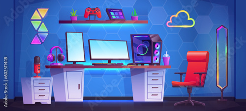 Gamer streamer room with computer desk cartoon vector background. Geek teen studio with gamepad, chair, pc table and headphones to stream illustration. Neon lamp on shelf near workstation equipment