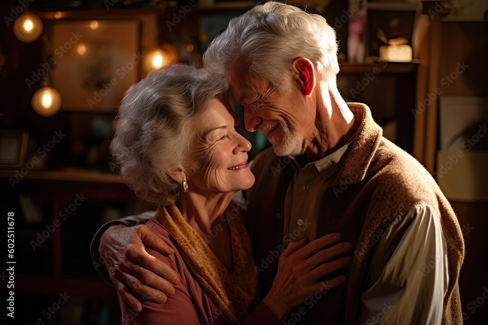 Senior couples take care of each other together time in their living room, Generative AI Senior couples take care of each other together time in their living room, Generative AI