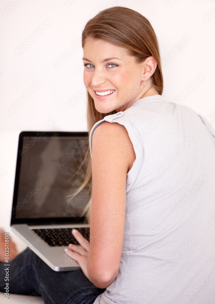 Relax, laptop screen and portrait with woman in living room for social media, mockup and website. Search, technology and digital with female user typing at home for connection, email and internet Relax, laptop screen and portrait with woman in living room for social media, mockup and website. Search, technology and digital with female user typing at home for connection, email and internet