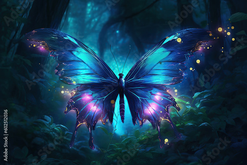 colorful glowing fantasy butterfly in a magical forest, Generative AI