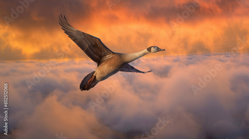 Flying goose above the clouds at sunset in warm colors