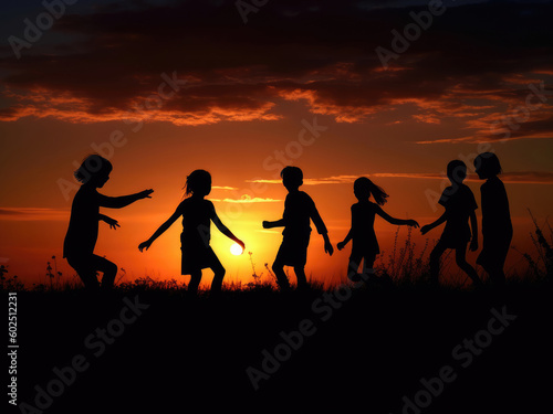 Silhouettes of children playing against the backdrop of the sunset sky