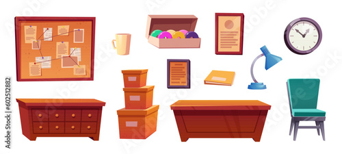 Detective office interior with desk and archive inside. Police bureau station furniture set cartoon icon on white background. Vintage table workplace clipart with chair and board to pin notes.