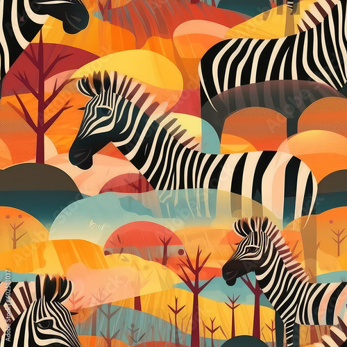 Zebras seamless repeat pattern - fantasy colorful Africa cubism  abstract art  trippy psychedelic  Generative AI   