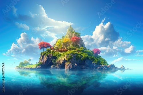 A fabulously beautiful floating island in the middle of the ocean and clouds. Generative AI © Iryna