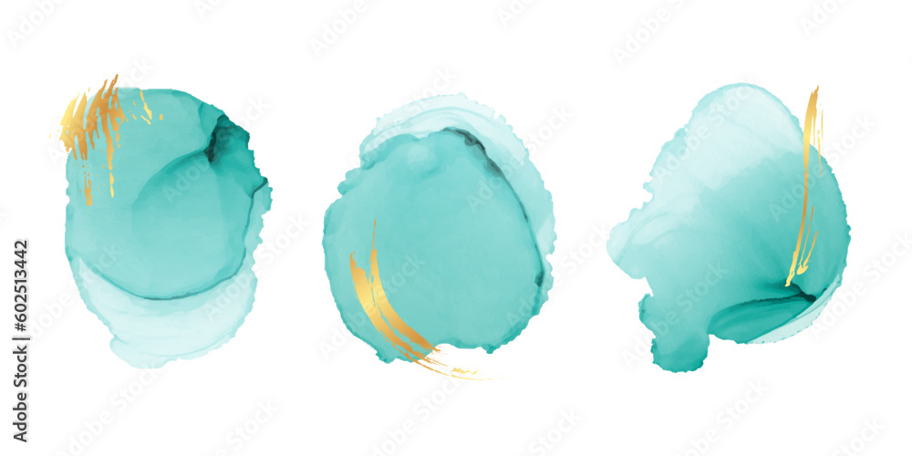 Watercolor abstract ink stains or design elements with golden brush strokes. - obrazy, fototapety, plakaty 