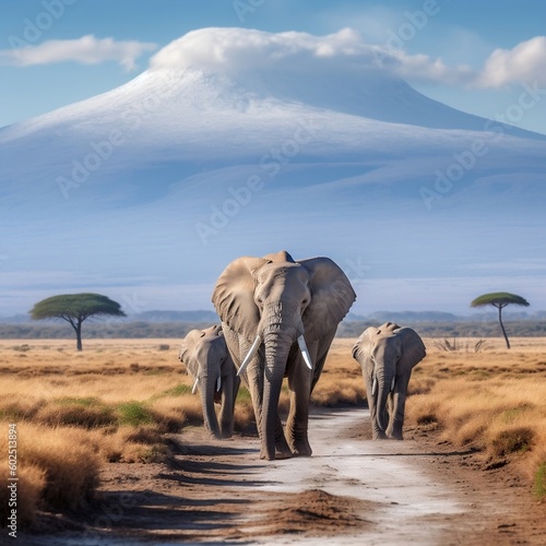 Elephants at Amboseli National Park, Kenya. Generative AI ©  Creative_studio