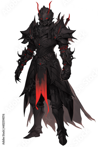 暗黒騎士(ダークナイト、ブラックナイト、シャドウナイト)の男性キャラクターの全身イラスト(AI generated image)